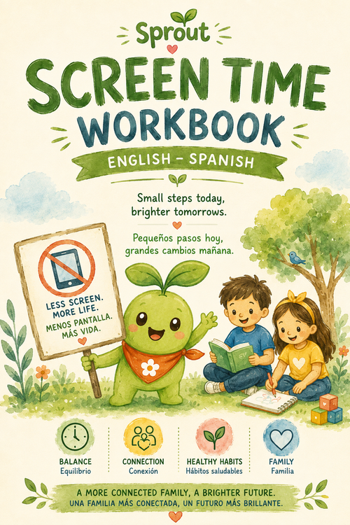 Sprout's Screen Time Workbook cover — bilingual EN/ES printable